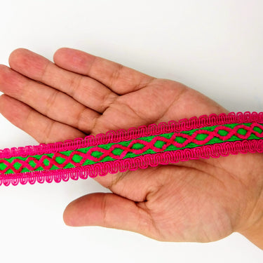 Green Cotton Fabric Lace Trim with Pink Thread Embroidery, Trim By 3 Yards, Craft Decorative Ribbon